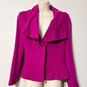 Rena Lange Cashmere Fuchsia Pink Fitted Blazer Frayed Hem Shawl Collar Single 8